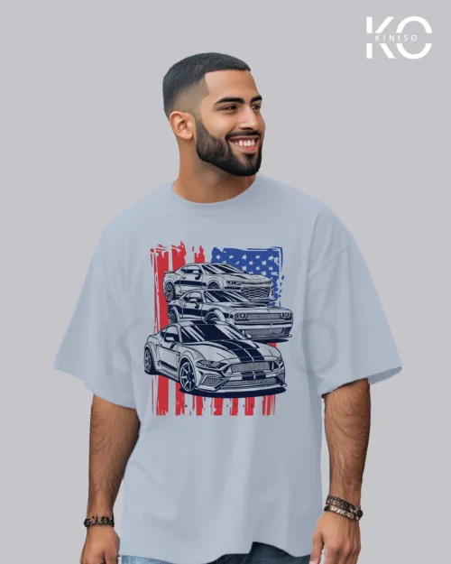 Image of Sky Blue color drop shoulder t-shirt with American Sports Car Print for men at reasonable price